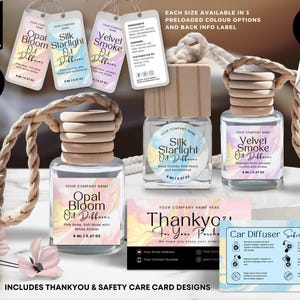May include: A car diffuser bundle template with three car air fresheners, each with a wooden cap and a label. The labels read "Opal Bloom," "Silk Starlight," and "Velvet Smoke." The image includes thank you and safety care card designs.