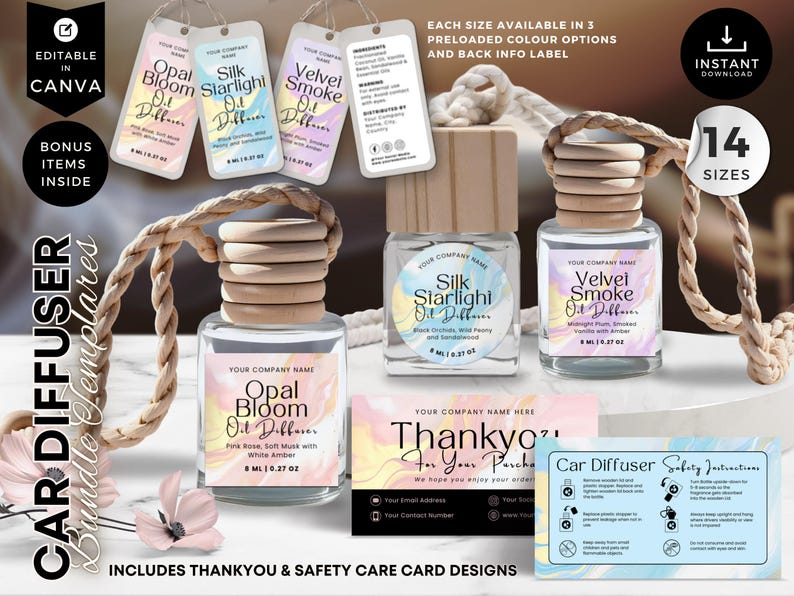 Luxury Car Diffuser Label Template Bundle, Canva Editable Car Fragrance ...