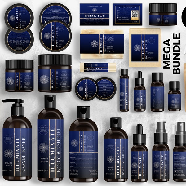 Editable Cosmetic Labels, Cosmetic Label Templates, DIY Skincare Labels, Canva Template, Bottle & Jar Labels,    Luxury Elegant, Blue, CBN5