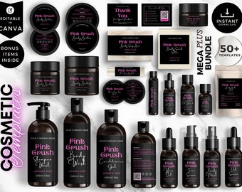 Può includere: Un set di oltre 50 modelli di etichette per prodotti cosmetici in nero e rosa con il testo "Pink Grush" e "Mega Plus Bundle". I modelli sono per vari prodotti, tra cui burro per il corpo, bagnoschiuma, shampoo, balsamo, siero, olio e sapone.
