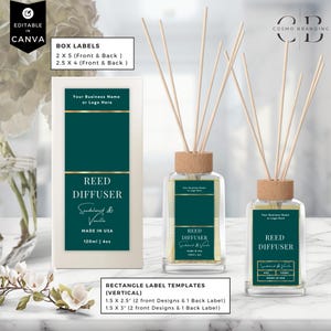 May include: A reed diffuser with a wooden cap and reeds, featuring a dark teal label with gold accents. The label reads "Reed Diffuser, Sandalwood & Vanilla, Made in USA, 120ml | 4oz." A box with a matching label is also shown.