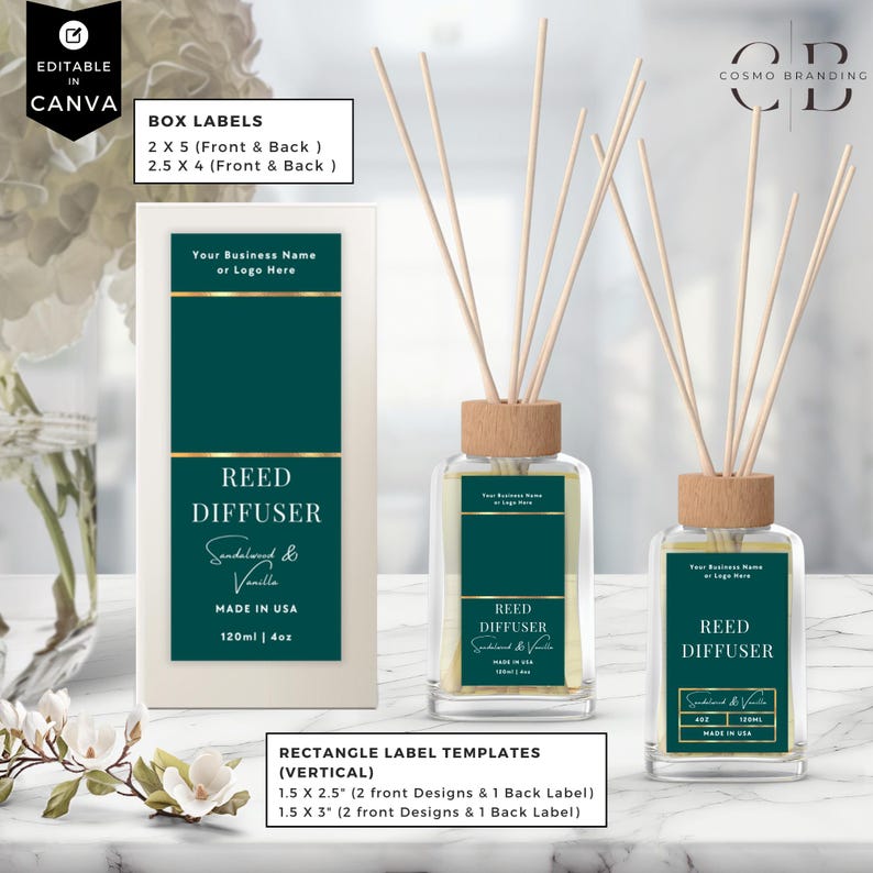 May include: A reed diffuser with a wooden cap and reeds, featuring a dark teal label with gold accents. The label reads "Reed Diffuser, Sandalwood & Vanilla, Made in USA, 120ml | 4oz." A box with a matching label is also shown.