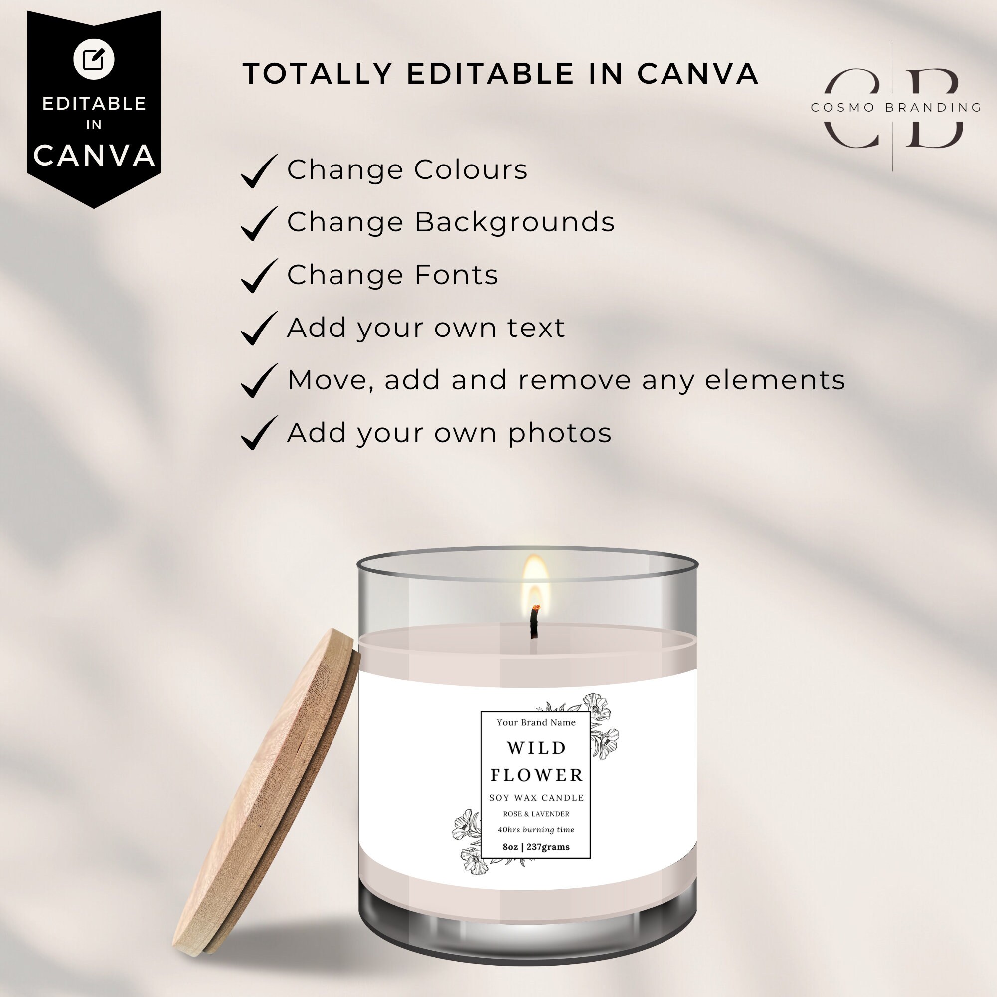 Minimal Floral Candle Label Template Bundle, Canva Editable Candle ...