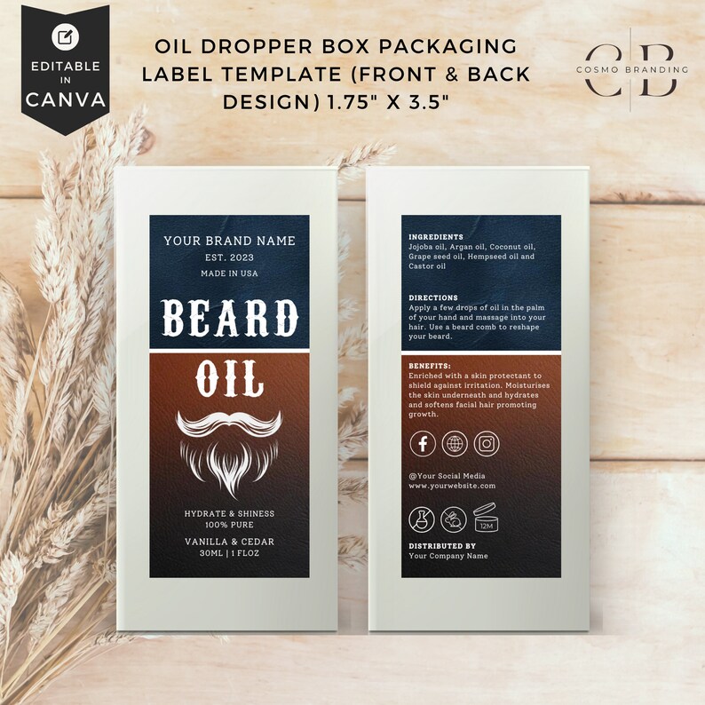 Masculine Beard Label Template Bundle Canva Editable Grooming Product ...