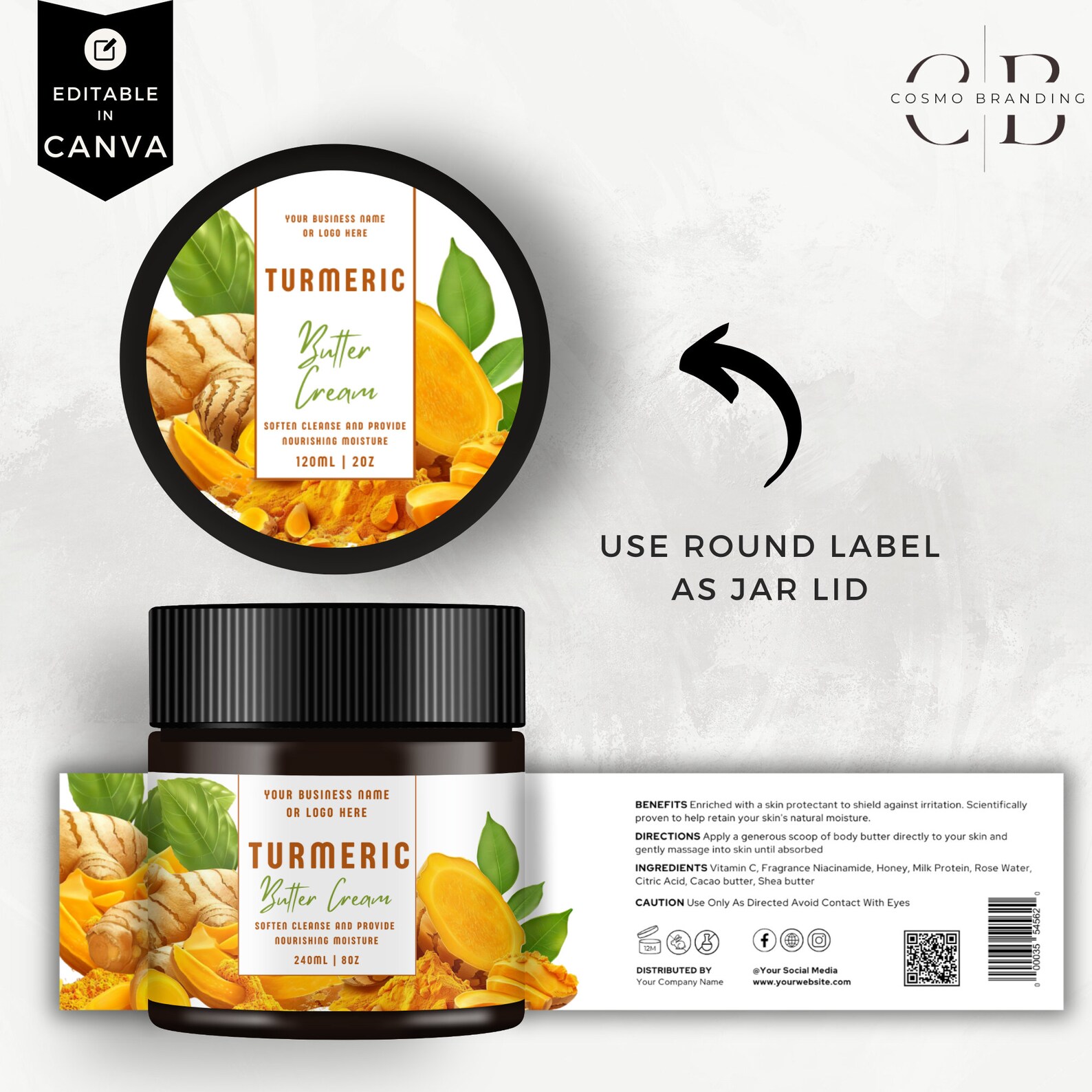 Tumeric Labeles Editable Jar Label Templates, DIY Cosmetic Product Canva Label Design ...