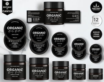 Jar Label Templates, Editable Cosmetic Template, DIY Canva Design, Body Product Label, Round Tin Labels, Cosmetic Jar Sticker, Black, CBB4