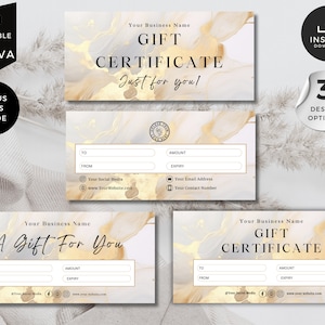 Certificado de regalo, Certificado de regalo dorado DIY, Vale de regalo editable, Tarjeta de regalo imprimible, Cupón, Plantillas de cuidado de la piel, Pequeña empresa, CBW1