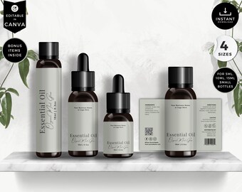 Etiquetas editables para aceites esenciales, etiquetas para botellas roll-on (5 ml, 10 ml, 15 ml), plantillas para botellas pequeñas, etiquetas para productos cosméticos DIY en Canva, verde, CS2