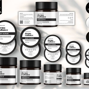 May include: A set of 15 black and white body scrub jars with the text "derma radiance" and "body scrub". The jars are arranged in a variety of sizes and shapes, with some jars stacked on top of each other. The jars are on a white background.