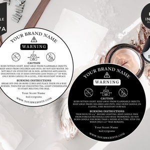 Redigerbart varningskort för vaxsmältor, utskrivbart instruktionskort för vaxsmältor, etiketter för småföretag, Canva-mall, säkerhetsetikett för stearin, CBP