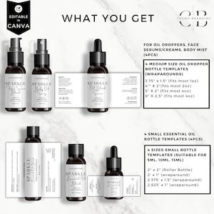 K&ouml;nnte beinhalten: Produktpr&auml;sentation mit dunkelbraunen Glasflaschen mit schwarzen Verschl&uuml;ssen und wei&szlig;en Etiketten. Die Etiketten tragen die Aufschrift "Sparkle" und Produktinformationen. Das Bild enth&auml;lt auch Text zu Flaschenvorlagen f&uuml;r &Ouml;ltropfer und &auml;therische &Ouml;le.