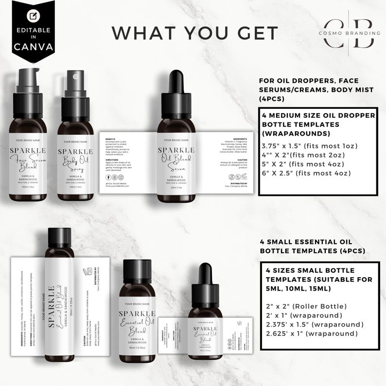 K&ouml;nnte beinhalten: Produktpr&auml;sentation mit dunkelbraunen Glasflaschen mit schwarzen Verschl&uuml;ssen und wei&szlig;en Etiketten. Die Etiketten tragen die Aufschrift "Sparkle" und Produktinformationen. Das Bild enth&auml;lt auch Text zu Flaschenvorlagen f&uuml;r &Ouml;ltropfer und &auml;therische &Ouml;le.
