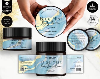 May include: A set of labels for a body butter cream jar. The labels feature a blue and white marble design with the text "Blue Misi Body Butter Cream" and "Coconut & Mint". The labels are available in 14 sizes.
