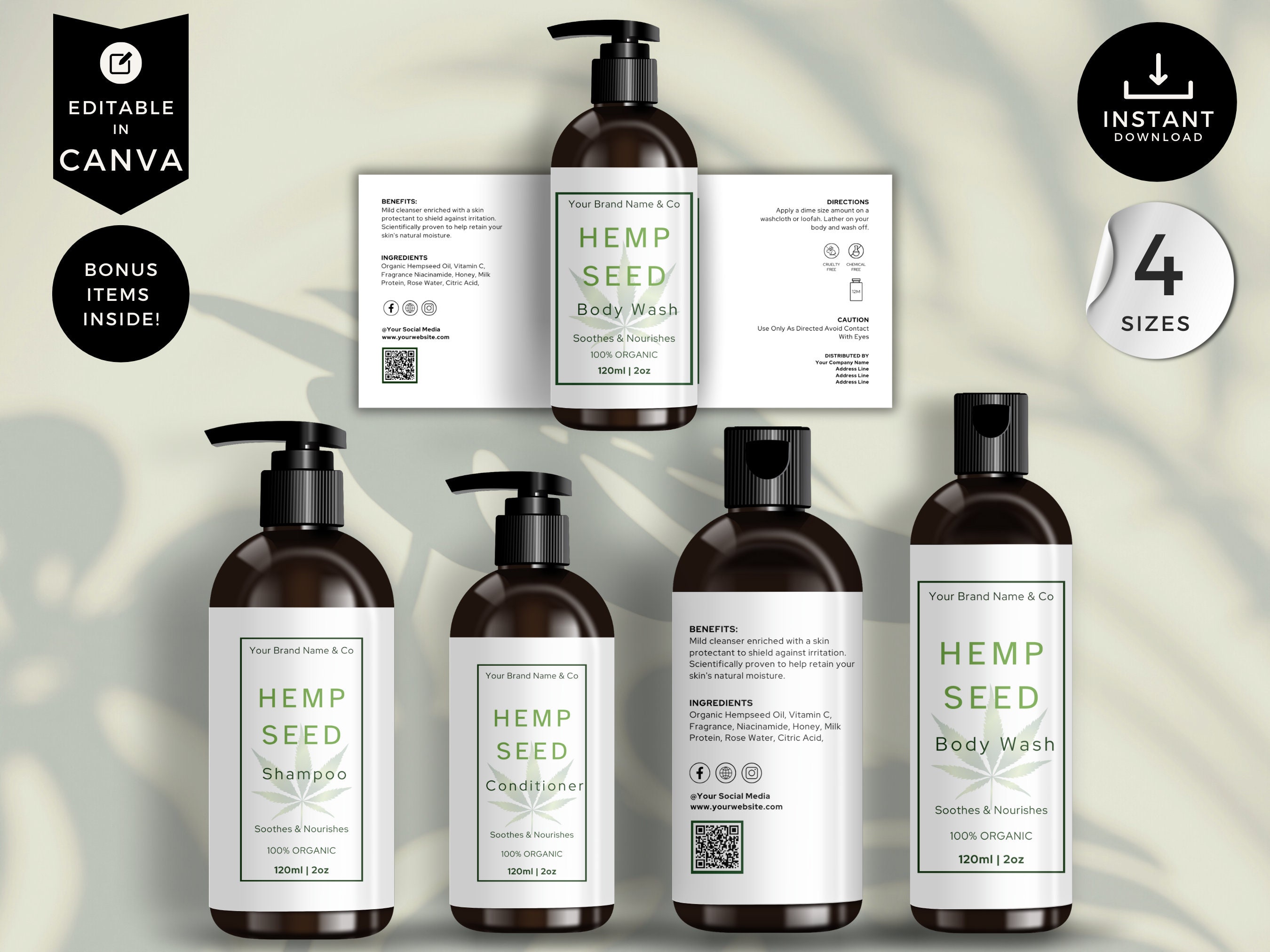 Shampoo Bottle Label Template, Canva Bottle Label Design, DIY Cosmetic Bottle Labels, 4oz, 8oz, 16oz, Conditioner Label Template, Hemp, CBH1