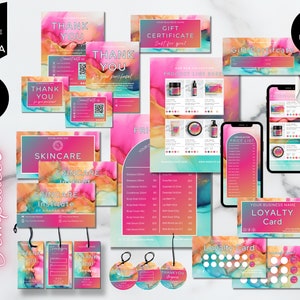 Op de afbeelding: Een set van 45+ aanpasbare zakelijke sjablonen met een aquarel-geïnspireerd ontwerp in roze, oranje en blauwe tinten. De sjablonen omvatten bedankkaartjes, cadeaubonnen, prijslijsten, loyaliteitskaarten en labels. De tekst "SKINCARE INSTITUTE" is zichtbaar op een van de sjablonen.