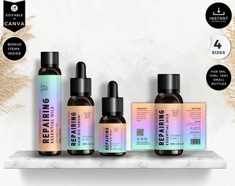 Etiquetas editables para aceites esenciales, etiquetas para botellas roll-on (5 ml, 10 ml, 15 ml), plantillas para botellas pequeñas, etiquetas para productos cosméticos Canva (hazlo tú mismo), neón, CBM4