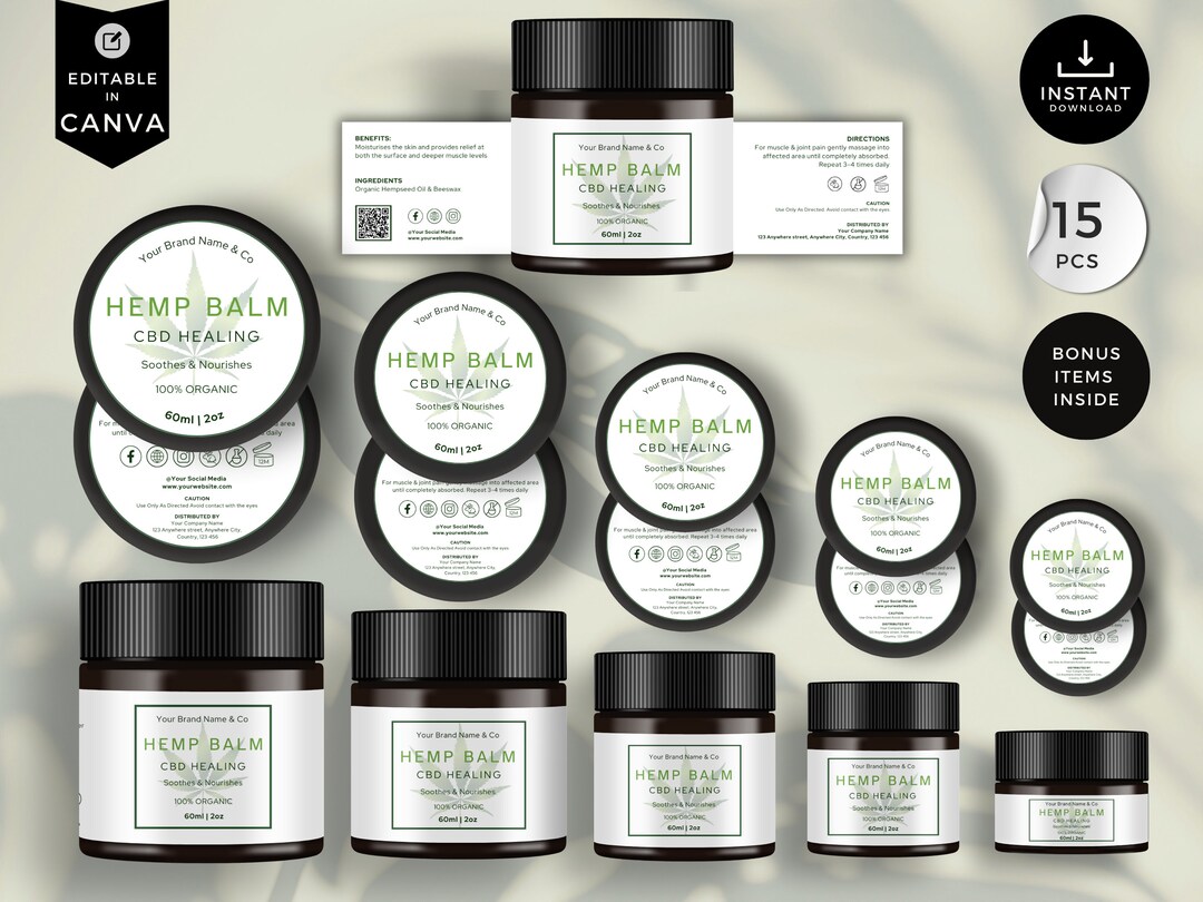 Hemp Paper Label Organic Hemp Jar Label Template Bundle, Canva Editable Jar Lid & Balm ...