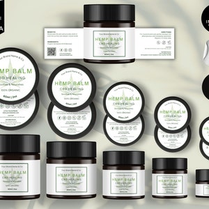 May include: A set of 15 black and white labels for hemp balm with the text "Hemp Balm CBD Healing" and a green leaf design. The labels are in various sizes and shapes, including round, square, and rectangular. The labels are designed for use on jars and bottles.