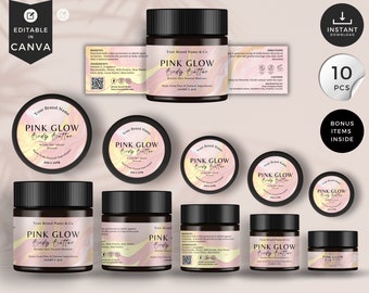 Jar Label Template, Editable Cosmetic Templates, Pink, Canva Template, Body Product Label, Skincare Label Template, Cosmetic Jar Label, CBP1