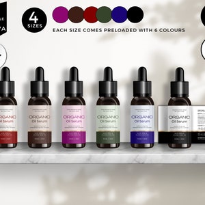 May include: Six bottles of organic oil serum on a marble shelf. The bottles are labelled with the text "ORGANIC Oil Serum" and come in six different colours: purple, brown, red, green, blue, and black. The bottles are available in three sizes: 1 ounce (30 ml), 2 ounces (60 ml), and 4 ounces (120 ml).