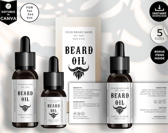 Editable Oil Dropper Bottle Label, DIY Essential Oil Template, Beard Hair Oil Design, 1oz, 2oz, 4oz, Men Beard Care Product Packaging, CBB3