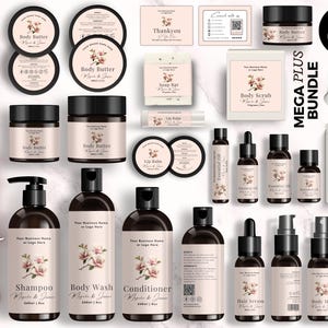 May include: A range of cosmetic product templates featuring a floral design. The set includes body butter jars, shampoo, body wash, conditioner, essential oils, and other items. The text "EDITABLE IN CANVA" and "BONUS ITEMS INSIDE" are visible.