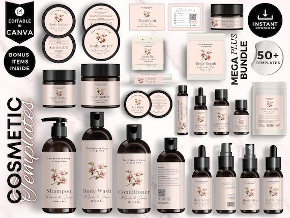 Floral Elegance Skincare Label Template Bundle, Canva Editable Cosmetic Labels, Beauty Branding Kit CS4