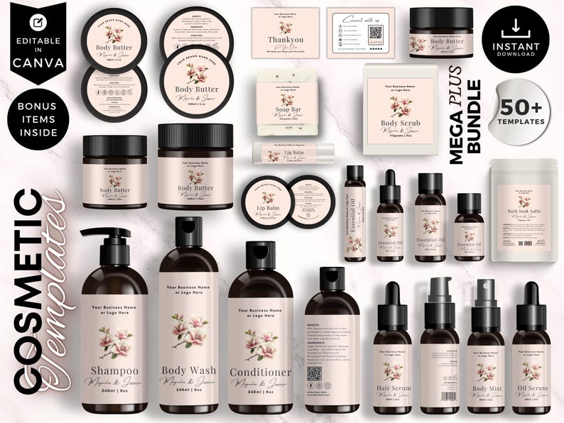 May include: A collection of cosmetic product templates with a floral design. The set includes jars of body butter, shampoo, body wash, conditioner, essential oils, and more. The text "EDITABLE IN CANVA" and "BONUS ITEMS INSIDE" are visible.