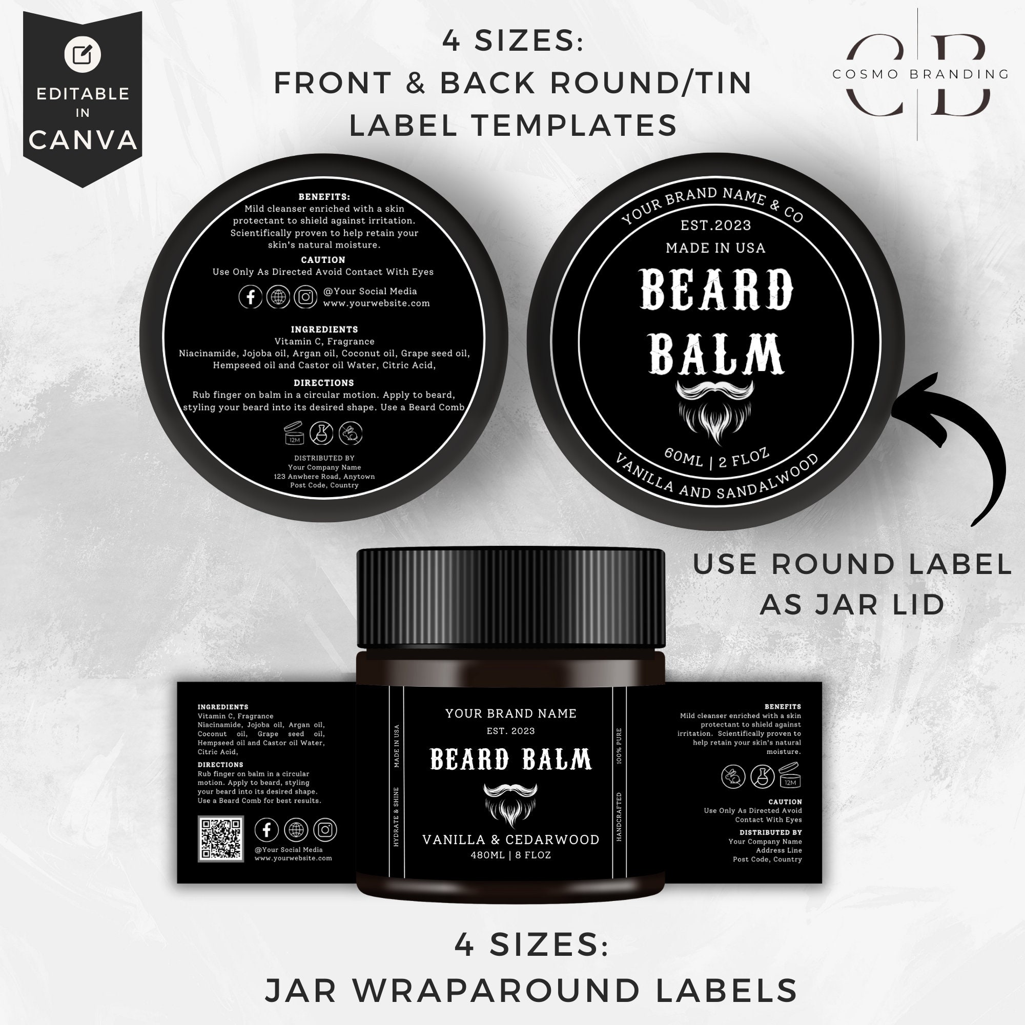 Editable Cosmetic Container Label Templates, DIY Men Care Product, Jar ...