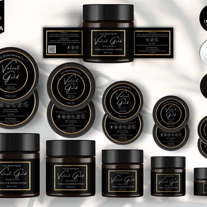May include: A set of 15+ black and gold body butter jars with the text "Velvet Gold" and "Vanilla & Sandalwood" on the labels. The jars are arranged in a variety of sizes and shapes, and the image includes a bonus items inside.