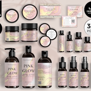 Editable Cosmetic Label Templates, Custom Body Product Label, DIY Skincare Labels, Beauty Sticker Design, Bottle and Jar Labels, Pink, CBP1