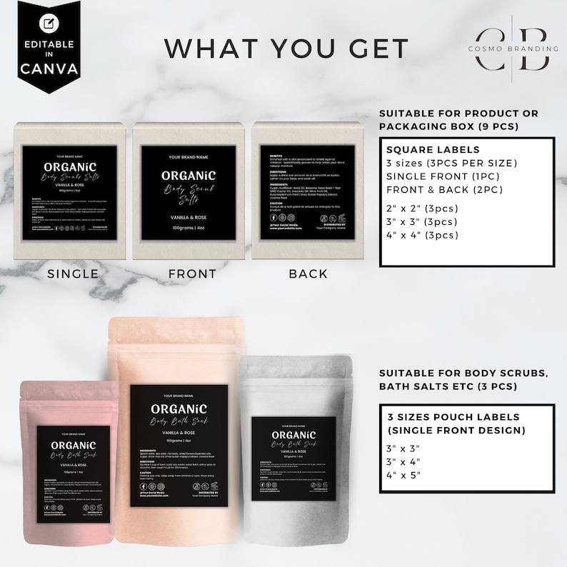 May include: An image showcasing product labels for body scrubs and bath salts. The labels are in various sizes and shapes, including square labels and pouch labels. The labels feature the text "ORGANIC Body Bath Scrub Vanilla & Rose".