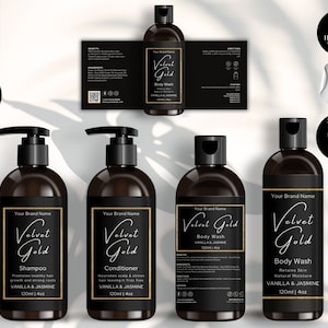 Shampoo Bottle Label Template, Canva Bottle Label Design, DIY Cosmetic Bottle Labels 4oz, 8oz, 16oz, Conditioner Label Template, Black, CBG2