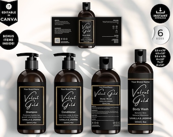 Shampoo Bottle Label Template, Canva Bottle Label Design, DIY Cosmetic Bottle Labels 4oz, 8oz, 16oz, Conditioner Label Template, Black, CBG2