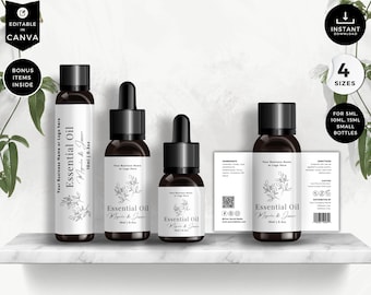 Etiquetas editables para aceites esenciales, etiquetas para botellas roll-on (5 ml, 10 ml, 15 ml), plantillas para botellas pequeñas, etiquetas para productos cosméticos de Canva (DIY), color blanco, CS5