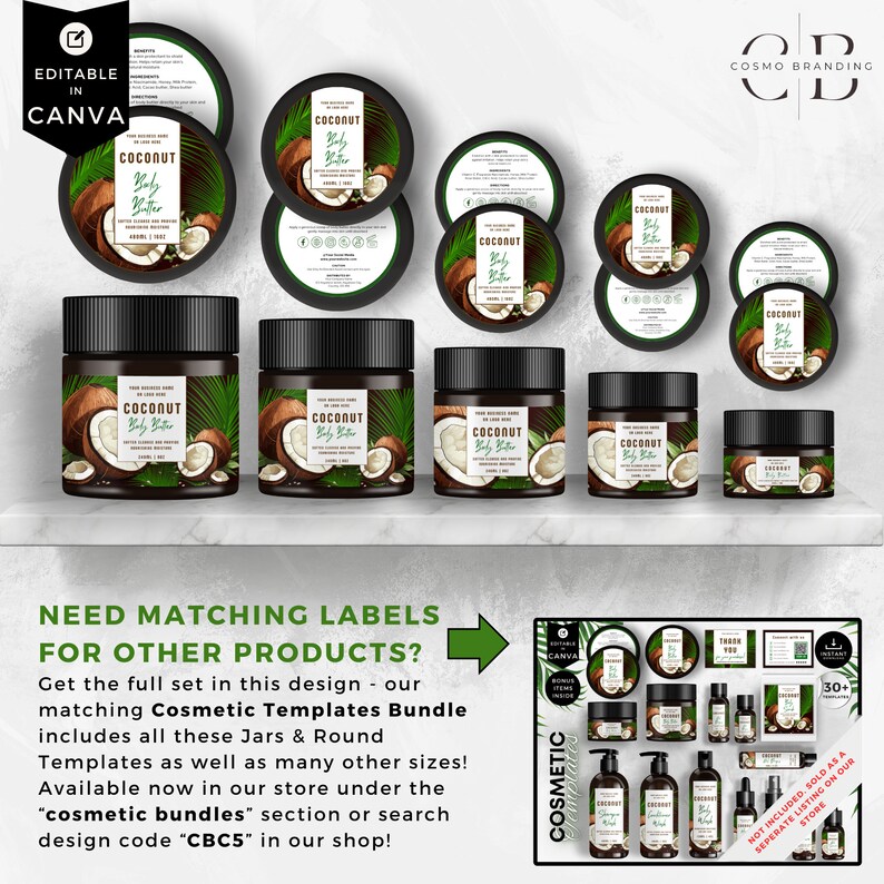 Coconut Jar Label Template Bundle, Canva Editable Jar Lid & Balm Tin ...