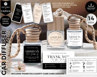 Editable Car Diffuser Label Templates, Canva Hanging Fragrance Design, Air Freshener Bottle Label, Essential Oil Diffuser Care Card, CBK2