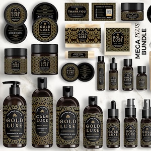 Peut inclure: Un ensemble de plus de 50 modèles d'étiquettes de produits cosmétiques avec un design noir et or avec le texte "Gold Luxe". Les modèles sont modifiables dans Canva et comprennent une variété de types de produits, tels que le shampooing, le gel douche, la lotion et le sérum.