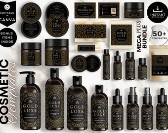 Editable Cosmetic Labels, Cosmetic Label Templates, DIY Skincare Labels, Canva Template, Bottle & Jar Labels, Luxury, Black, CBB8