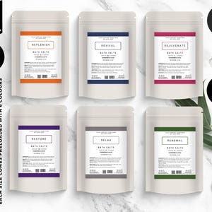 May include: Six pouches of bath salts with labels in various colours: orange, navy, pink, purple, grey, and green. Each label includes a different word: Replenish, Revival, Rejuvenate, Restore, Relax, and Renewal. The image also includes text that says "Editable in Canva" and "Bonus Items Inside."