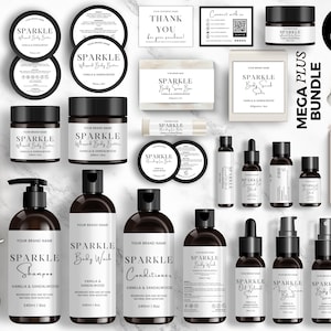 K&ouml;nnte beinhalten: Eine Sammlung von Kosmetikproduktvorlagen mit dem Markennamen "SPARKLE" in Schwarz und Wei&szlig;. Die Produkte umfassen Gl&auml;ser, Flaschen, Etiketten und Karten. Der Text "EDITABLE IN CANVA" und "BONUS ITEMS INSIDE" ist ebenfalls sichtbar.