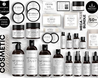 May include: A collection of cosmetic product templates with the brand name "SPARKLE" in black and white. The products include jars, bottles, labels, and cards. The text "EDITABLE IN CANVA" and "BONUS ITEMS INSIDE" are also visible.