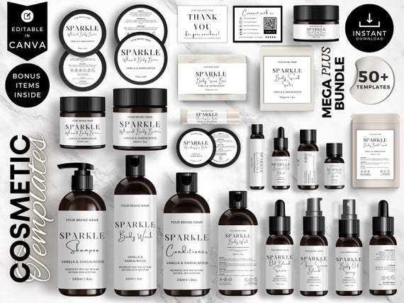 Elegant Luxury Skincare Label Template, Bundle Canva Editable Cosmetic Labels Beauty Branding Kit, CBW3