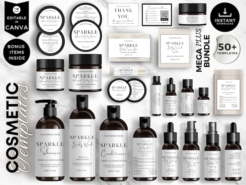 K&ouml;nnte beinhalten: Eine Sammlung von Kosmetikproduktvorlagen mit dem Markennamen "SPARKLE" in Schwarz und Wei&szlig;. Die Produkte umfassen Gl&auml;ser, Flaschen, Etiketten und Karten. Der Text "EDITABLE IN CANVA" und "BONUS ITEMS INSIDE" ist ebenfalls sichtbar.
