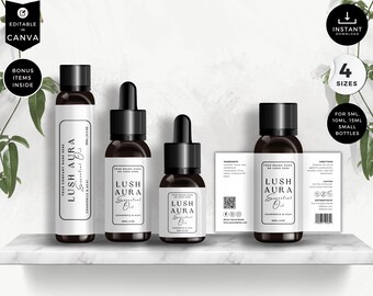 Etiquetas editables para aceites esenciales, etiquetas para botellas roll-on (5 ml, 10 ml, 15 ml), plantillas para botellas pequeñas, etiquetas para productos cosméticos Canva (DIY), color blanco, CBD6
