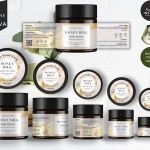 Modello di etichetta per barattolo, oro, modelli di cosmetici modificabili, modello Canva, etichetta per prodotti per il corpo, modello di etichetta per la cura della pelle, etichetta per barattolo di cosmetici, CBW1