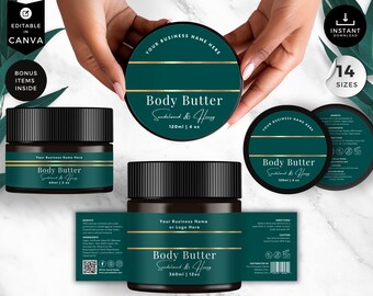 May include: An assortment of dark teal body butter jars and labels with gold accents. The jars have black lids and labels that read "Body Butter Sandalwood & Honey". Sizes include 2 oz, 4 oz, and 12 oz. Text includes "Your Business Name Here" and "Editable in Canva".