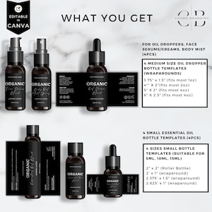 May include: Black and white product mockups for essential oil bottles and labels. The image includes templates for oil droppers, face serums, body mists, and small essential oil bottles. The text says "Organic" and "Jasmine & Rose".