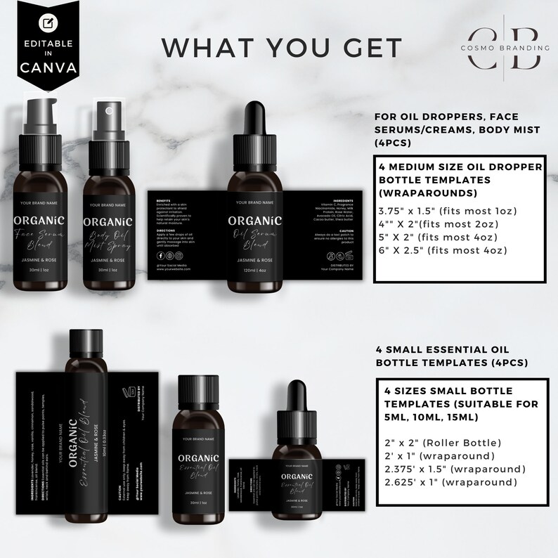 May include: Black and white product mockups for essential oil bottles and labels. The image includes templates for oil droppers, face serums, body mists, and small essential oil bottles. The text says "Organic" and "Jasmine & Rose".