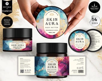 May include: A black jar with a colorful label that says "Skin Aura Body Butter Chamomile & Acai 120ml | 4oz". The label has a watercolor design with blue, pink, and gold accents.